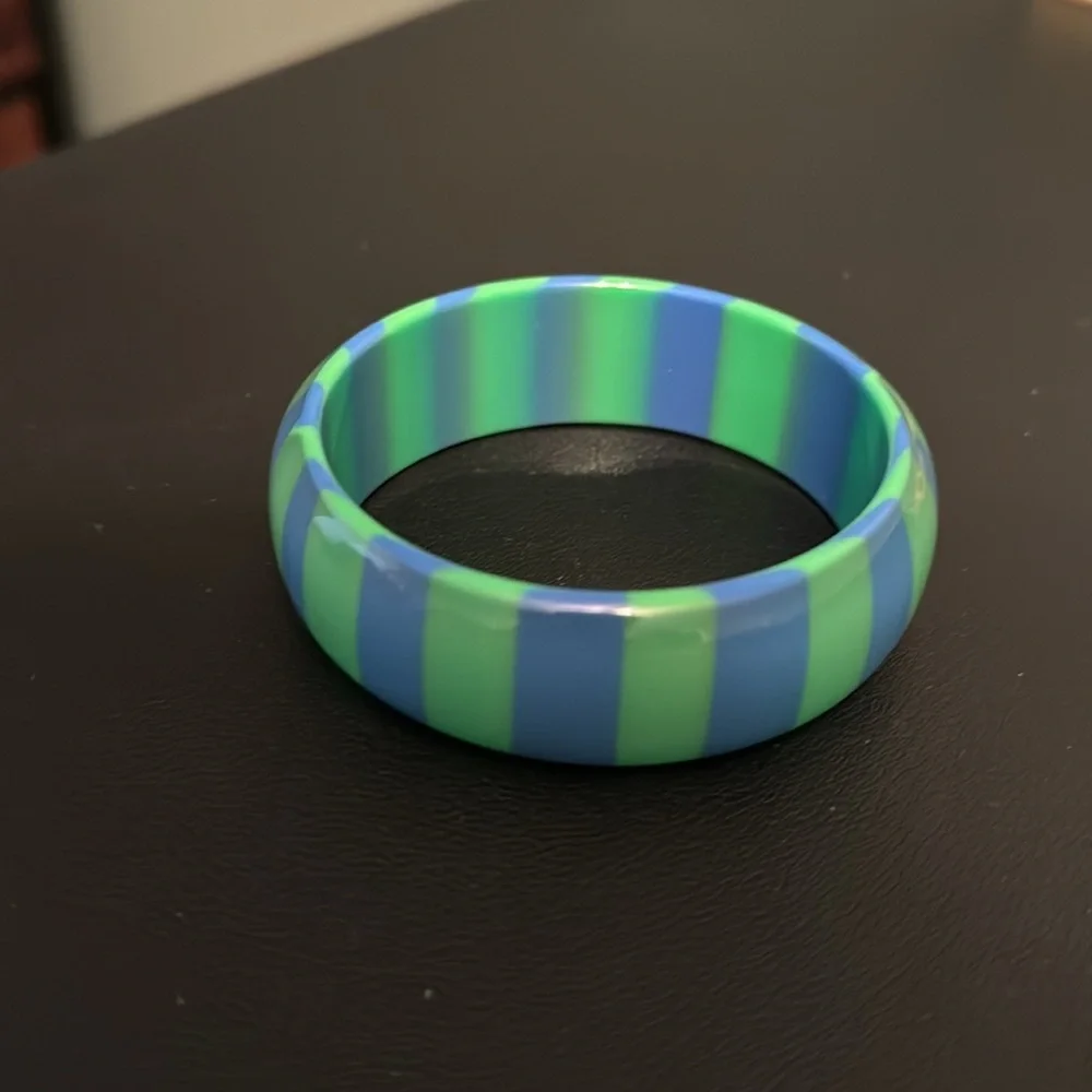 Vintage Plastic Bangle Bracelet, Green, Blue, Striped, Retro, Boho
